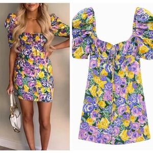 ZARA floral print corset style dress with puff sleeves